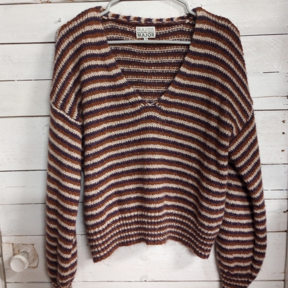 Major Label Group Medium Knit Sweater Striped Cropped Bishop Sleeve Boho Fall - Picture 6 of 9